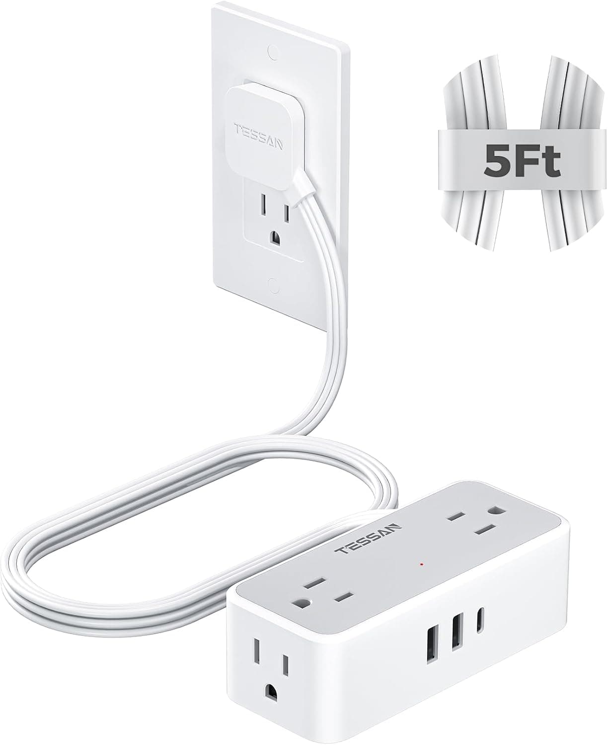 TESSAN Extension Cord Strip, 4 AC, 5 ft, 900 J