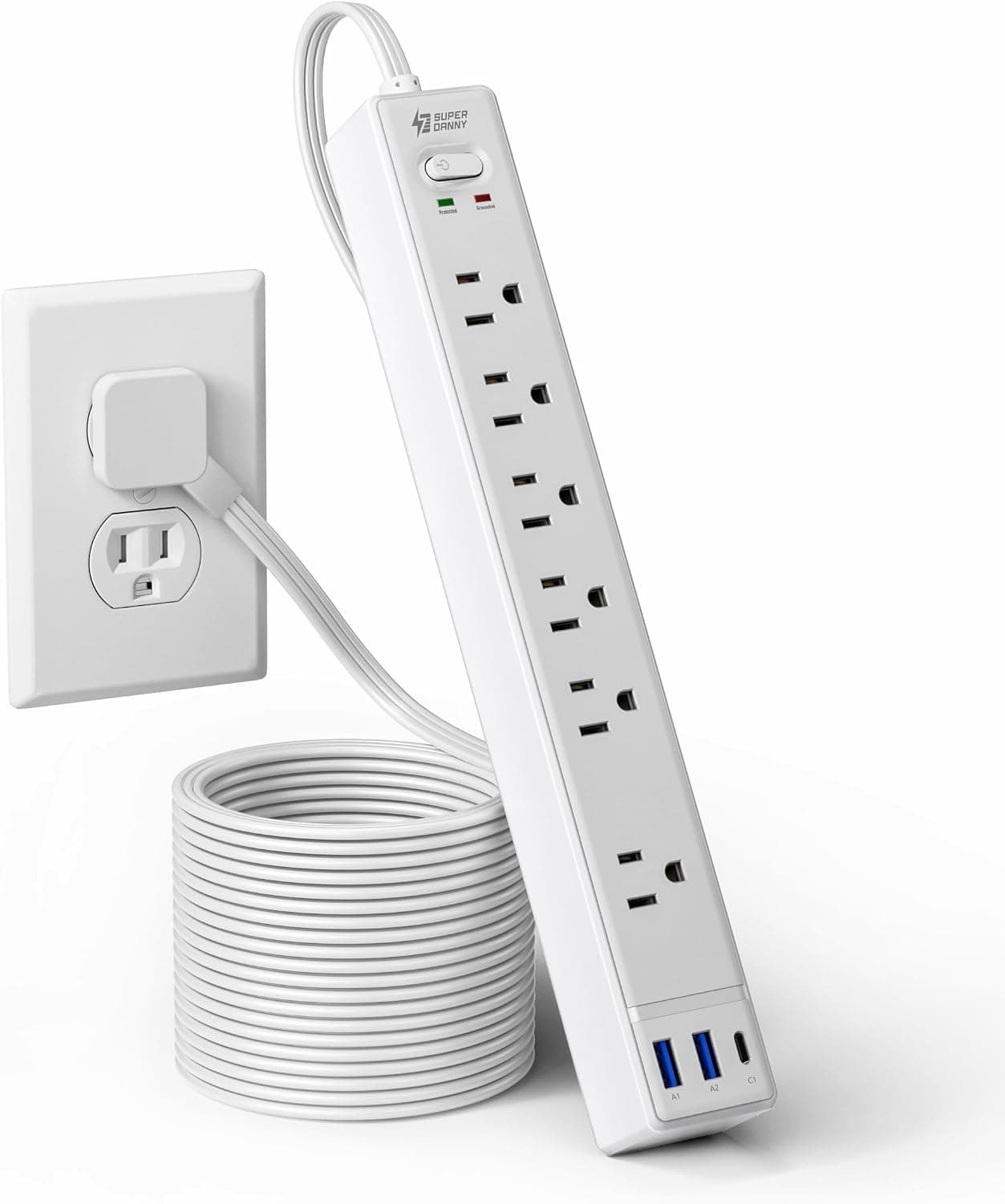 SUPERDANNY Power Strip, 6 outlets, 10 ft